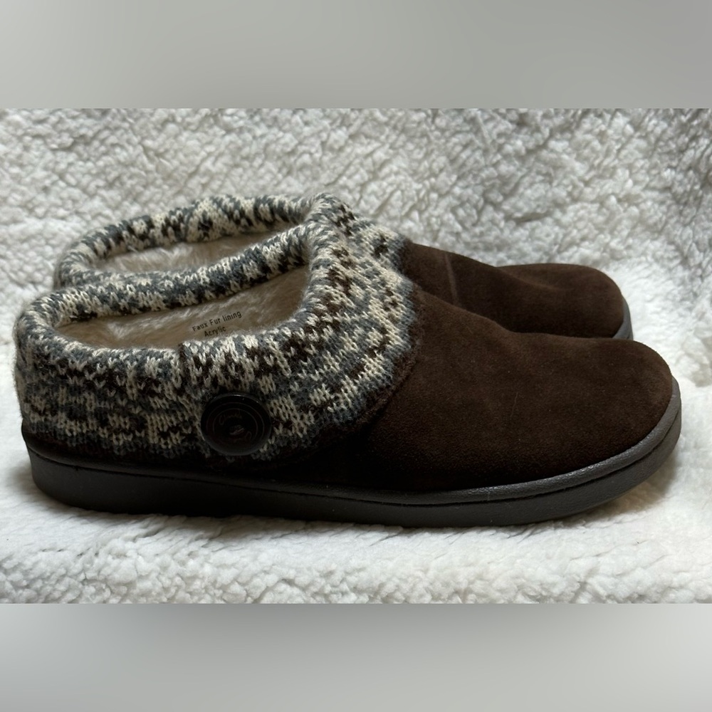 Clarks Womens Size 8M Black Leather Faux Fur Slip On Clog Slippers Knit Trim - Picture 2 of 10